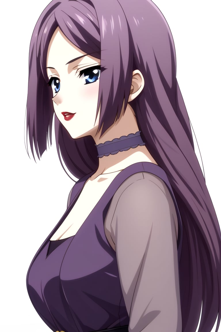 HD, 8k, highres, mantialiasing, Highly detailed, High Quality, masterpiece, beautiful, source_anime, 
BREAK 1girl, (solo:1.5), (mature woman), (30 old), Mrs Kitsuregawa, long hair, purple hair, blue eyes, 
BREAK choker, lipstick, gray sleeves, collarbone, dress, long sleeves, purple vest, belt, see-through, 
BREAK white background,
BREAK looking_back, standing, from front, upper body, side view, 