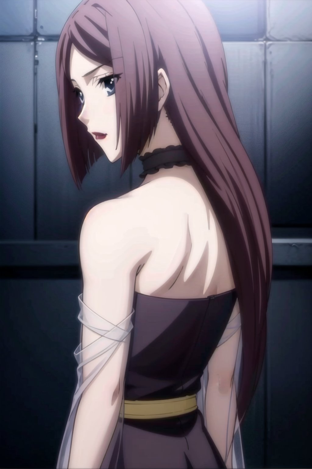 HD, 8k, highres, mantialiasing, Highly detailed, High Quality, masterpiece, beautiful, source_anime, 
BREAK 1girl, (solo:1.5), (mature woman), (30 old), Mrs Kitsuregawa, long hair, purple hair, blue eyes, choker, lipstick, gray sleeves, collarbone, dress, long sleeves, ((covered shoulders:1.5)), purple vest, belt, see-through, 
BREAK white background,
BREAK looking_back, standing, from front, upper body, back view, 