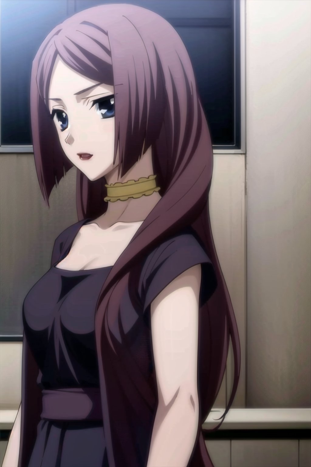 HD, 8k, highres, mantialiasing, Highly detailed, High Quality, masterpiece, beautiful, source_anime, 
BREAK 1girl, (solo:1.5), (mature woman), (30 old), Mrs Kitsuregawa, long hair, purple hair, blue eyes, choker, lipstick, gray sleeves, collarbone, dress, long sleeves, covered shoulders,
BREAK white background,
BREAK looking_back, standing, from front, upper body, side view, 