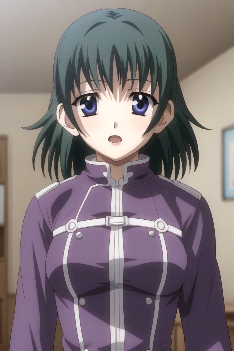 HD, 8k, highres, mantialiasing, Highly detailed, High Quality, masterpiece, beautiful, source_anime, 
BREAK 1girl, solo, (young woman, 16 years old), Ruka Imagawa, blue eyes, short hair, green hair, open_mouth, medium breasts, 
BREAK bedroom,
BREAK purple jacket, purple pants,
BREAK looking_at_viewer, focus breasts, dutch_angle, cowboy_shot,