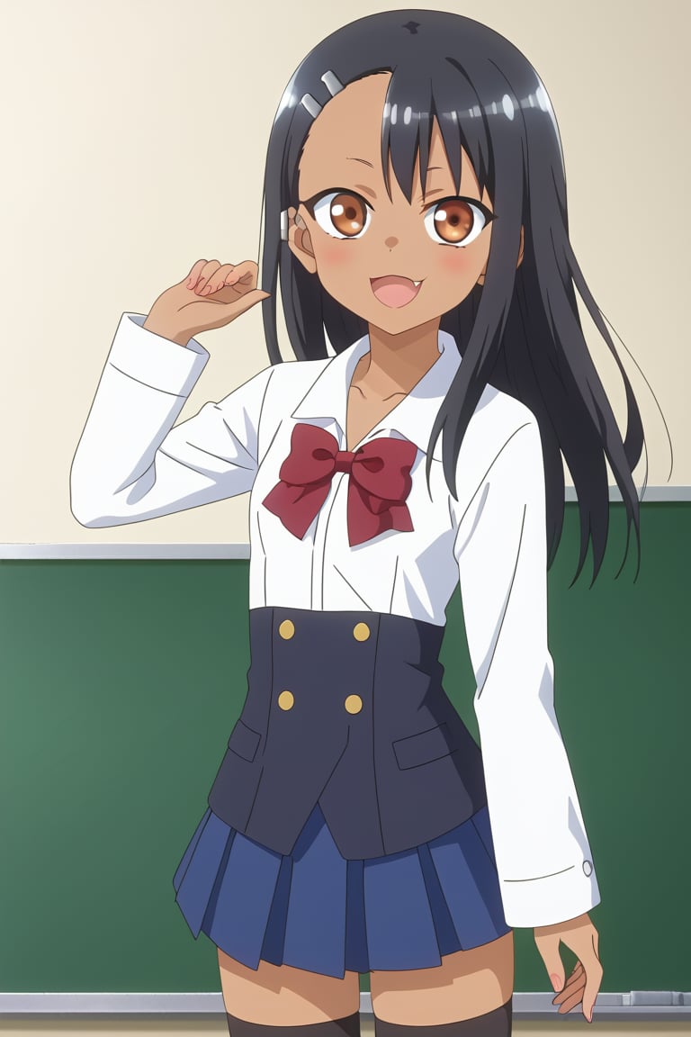 Highly detailed, High Quality, masterpiece, beautiful, 1girl, solo, hayase nagatoro, long hair, bangs, black hair, hair ornament, brown eyes, hairclip, fang, dark skin, dark-skinned female, school uniform, shirt, shirt sleeves, long sleeves, white sleeves, bow, pleated skirt, ((black waist_coat)), thighhighs, black thighhighs, zettai ryouiki, front_view, 