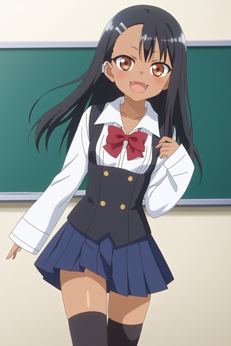 Highly detailed, High Quality, masterpiece, beautiful, 1girl, solo, hayase nagatoro, long hair, bangs, black hair, hair ornament, brown eyes, hairclip, fang, dark skin, dark-skinned female, school uniform, ((shirt, shirt sleeves)), long sleeves, white sleeves, bow, pleated skirt, ((black waist coat)), thighhighs, black thighhighs, zettai ryouiki, front_view, 