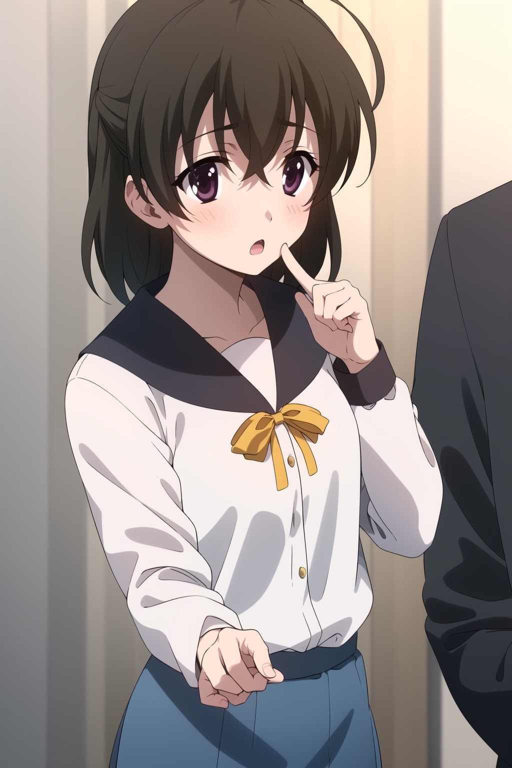 Highly detailed, High Quality, Masterpiece, beautiful,
BREAK 1girl, female solo, (young_female), (16 old), sekai saionji, brown hair, Brown eyes, ahoge, (open_mouth, :o),
BREAK (haruhi_srf), (white long sleeves shirt and blue collar, blue skirt, yellow ribbon:1.5), detailed fingers, 5 fingers,
BREAK (Focus waist), looking_at_viewer, schooldays, standing, 