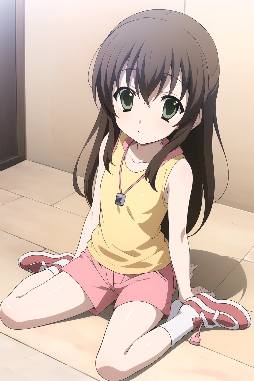 Highly detailed, High Quality, Masterpiece, beautiful,
BREAK 1girl, solo, (female child), (10 old), (Kyoumi Kasannoin:1.5), (green eyes, brown hair, long hair:1.5), 
BREAK  HikariDigi, (yellow shirt:1.3), (pink Shorts:1.2), shoes, sleeveless, socks, scarf, red footwear, sneakers, dog tags, whistle, whistle around neck,
BREAK looking_at_viewer, schooldays, full_body, sitting_down, Focus waist,  (tiny eyes:1.5), Open legs, v legs,