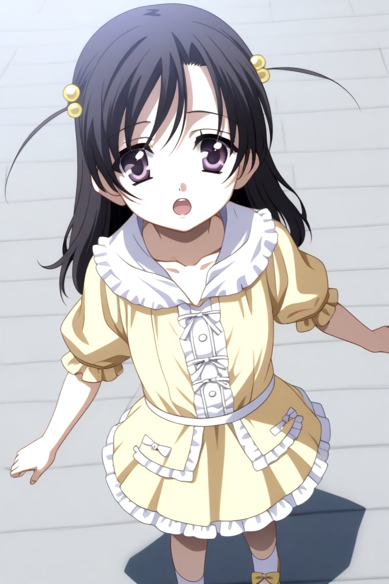 HD, 8k, highres, mantialiasing, Highly detailed, High Quality, masterpiece, beautiful, source_anime, 
BREAK 1girl, solo, (young woman, 16 years old), Kokoro Katsura, long hair, black hair, hair ornament, purple eyes, two side up, hair bobbles, Open mouth,
BREAK yellow dress, puffy short sleeves, puffy sleeves, short sleeves, frills, collarbone, white socks, shoes, 
BREAK looking at viewer,  focus face, front_view, standing, cowboy_shot, dutch_angle