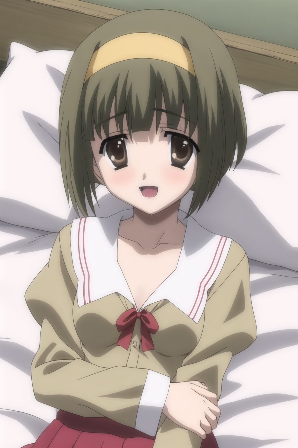  Simple backgrounds, bedroom, 
BREAK KazuhaNijouFutabaNijou, bangs, brown hair, brown eyes, small hair, 
BREAK  (yellow hairband), (green blouse:1.5), (neckline:1.2), long sleeves, yellow skirt, (medium breast), 
BREAK looking_at_viewer, (lying in bed), :d,  mouth_open, Focus down, schooldays,