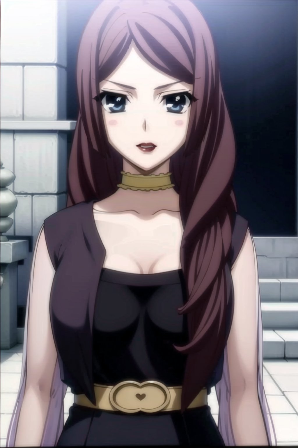 HD, 8k, highres, mantialiasing, Highly detailed, High Quality, masterpiece, beautiful, source_anime, 
BREAK 1girl, (solo:1.5), (mature woman), (30 old), Mrs Kitsuregawa, long hair, purple hair, blue eyes, choker, lipstick, gray sleeves, collarbone, dress, long sleeves, purple vest, belt, see-through, 
BREAK white background,
BREAK looking_back, standing, from front, upper body, side view, 