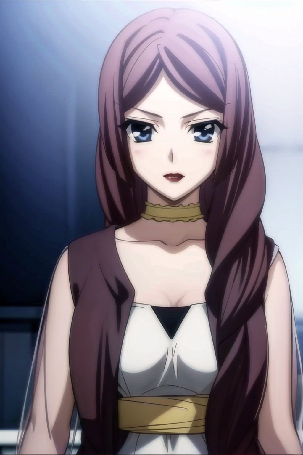 HD, 8k, highres, mantialiasing, Highly detailed, High Quality, masterpiece, beautiful, source_anime, 
BREAK 1girl, (solo:1.5), (mature woman), (30 old), Mrs Kitsuregawa, long hair, purple hair, blue eyes, choker, lipstick, gray sleeves, collarbone, dress, long sleeves, covered shoulders, purple vest, belt,
BREAK white background,
BREAK looking_back, standing, from front, upper body, back view, 