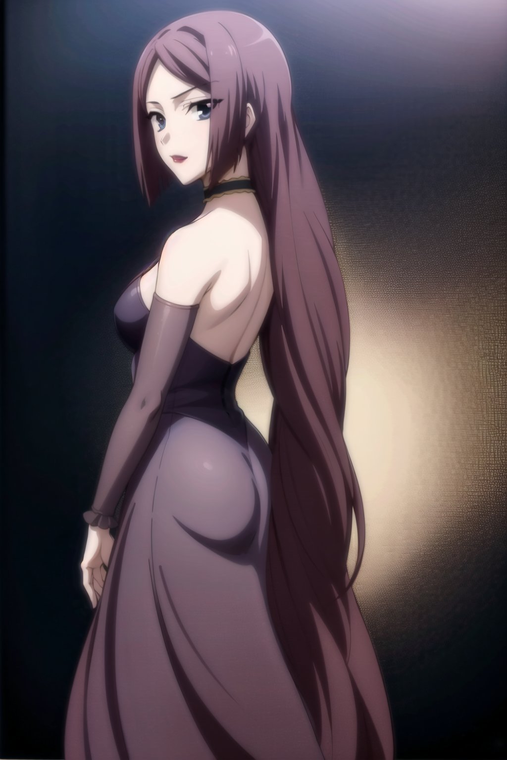 HD, 8k, highres, mantialiasing, Highly detailed, High Quality, masterpiece, beautiful, source_anime, 
BREAK 1girl, (solo:1.5), (mature woman), (30 old), Mrs Kitsuregawa, long hair, purple hair, blue eyes, choker, lipstick, dress, long sleeves,
BREAK white background,
BREAK looking_back, standing, from front, full body, side view, 