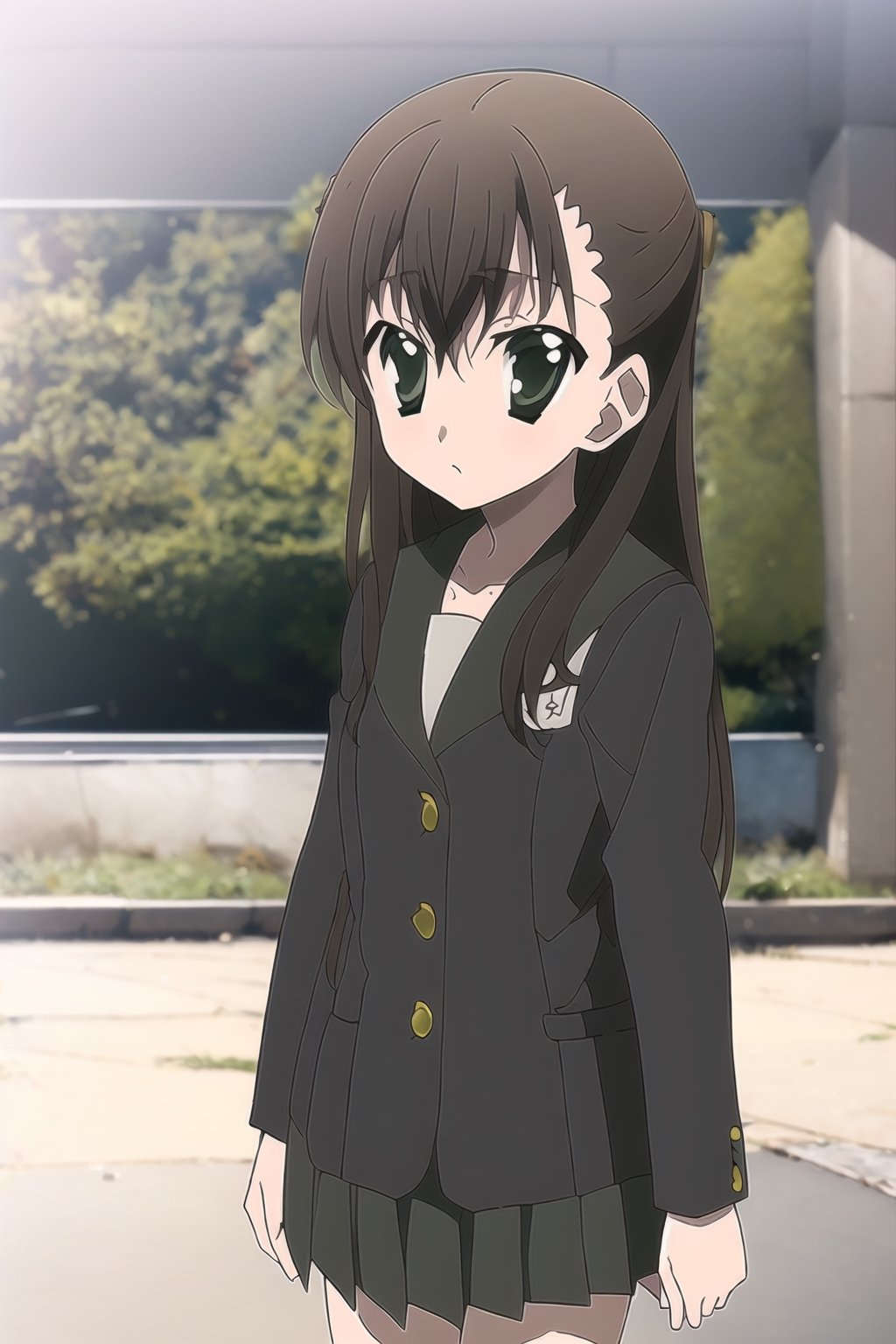 Kyoumi Kasannoin, school uniform, green eyes, brown hair, long hair, skirt, asymmetrical bangs, socks, pleated skirt, ,schooldays