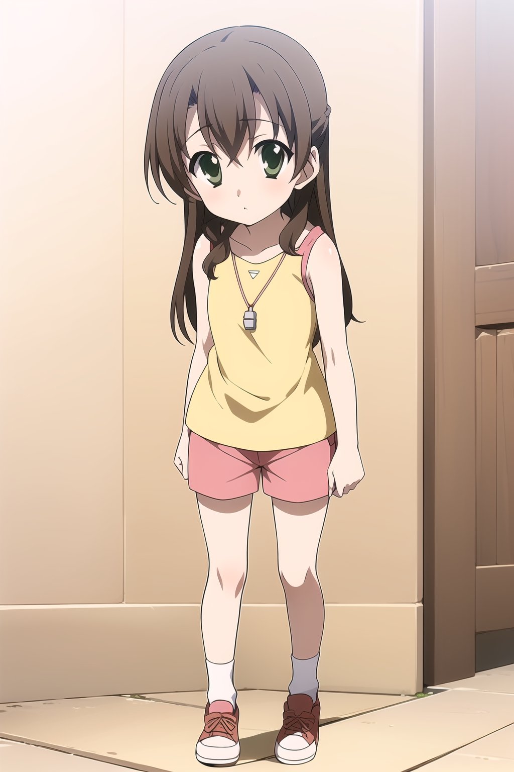 Highly detailed, High Quality, Masterpiece, beautiful,
BREAK 1girl, solo, (female child), (10 old), (Kyoumi Kasannoin:1.5), (green eyes, brown hair, long hair:1.5), 
BREAK  HikariDigi, (yellow shirt:1.3), (pink Shorts:1.2), shoes, sleeveless, socks, scarf, red footwear, sneakers, dog tags, whistle, whistle around neck,
BREAK looking_at_viewer, (Focus breasts),  Open legs, upper_body, 