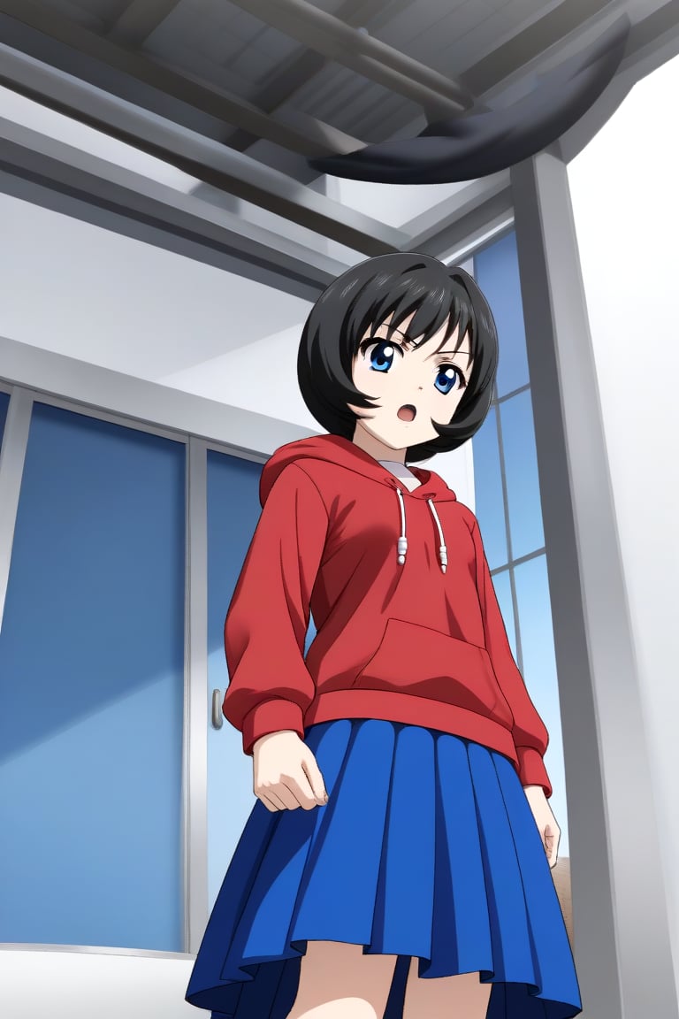 HD, 8k, highres, mantialiasing, Highly detailed, High Quality, masterpiece, beautiful, source_anime, 
BREAK 1girl, solo, (young woman, 16 years old), Uzuki Li, short hair, blue eyes, serious look, Open mouth,
BREAK hoodie, skirt, red hoodie, long skirt, blue skirt, thighhgihs,
BREAK looking at viewer,  focus face, front_view, from_below,