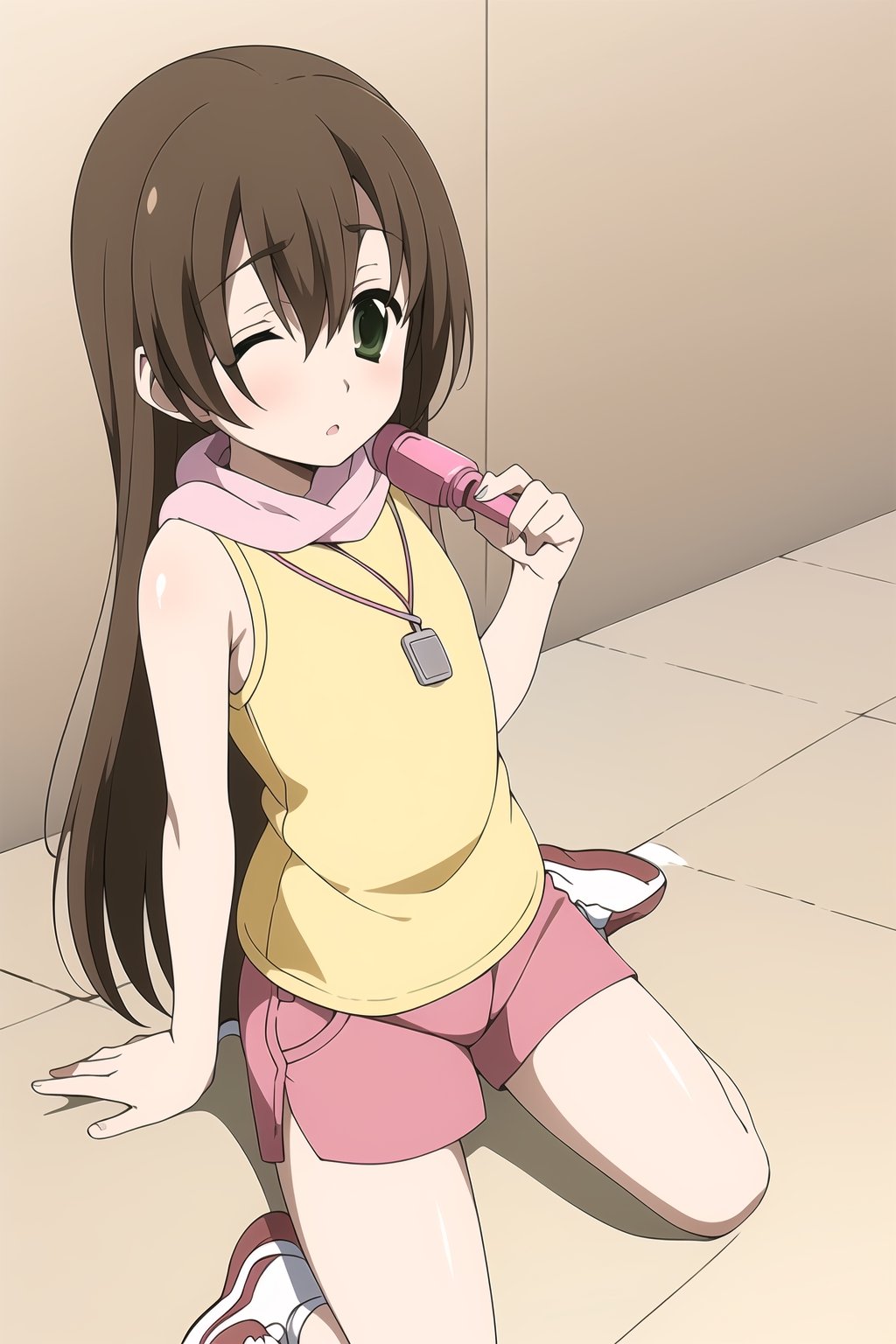 Highly detailed, High Quality, Masterpiece, beautiful,
BREAK 1girl, solo, (female child), (10 old), (Kyoumi Kasannoin:1.5), (green eyes, brown hair, long hair:1.5), 
BREAK  HikariDigi, (yellow shirt:1.3), (pink Shorts:1.2), shoes, sleeveless, socks, scarf, red footwear, sneakers, dog tags, whistle, whistle around neck,
BREAK looking_at_viewer, (Focus breasts),  Open legs, upper_body, (tiny_eyes:1.8),