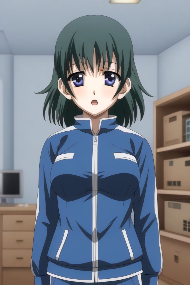 HD, 8k, highres, mantialiasing, Highly detailed, High Quality, masterpiece, beautiful, source_anime, 
BREAK 1girl, solo, (young woman, 16 years old), Ruka Imagawa, blue eyes, short hair, green hair, open_mouth, medium breasts, 
BREAK bedroom,
BREAK jacket, pants,
BREAK looking_at_viewer, focus breasts, standing, full_body,