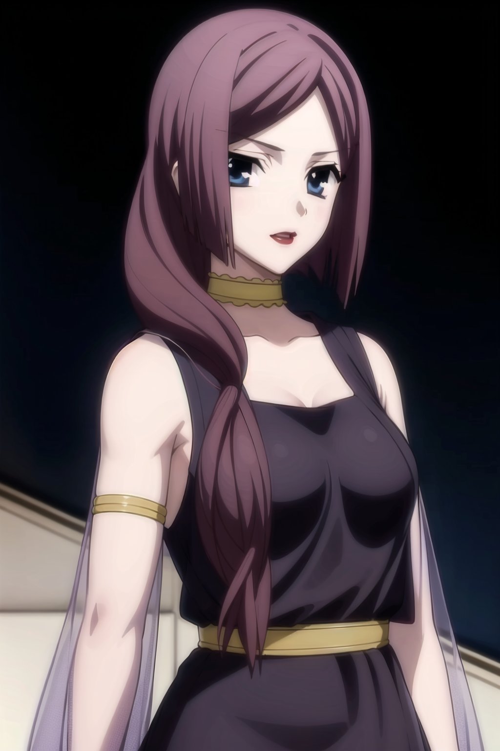 HD, 8k, highres, mantialiasing, Highly detailed, High Quality, masterpiece, beautiful, source_anime, 
BREAK 1girl, (solo:1.5), (mature woman), (30 old), Mrs Kitsuregawa, long hair, purple hair, blue eyes, choker, lipstick, gray sleeves, collarbone, dress, long sleeves, ((covered shoulders)), purple vest, belt, see-through, 
BREAK white background,
BREAK looking_back, standing, from front, upper body, back view, 