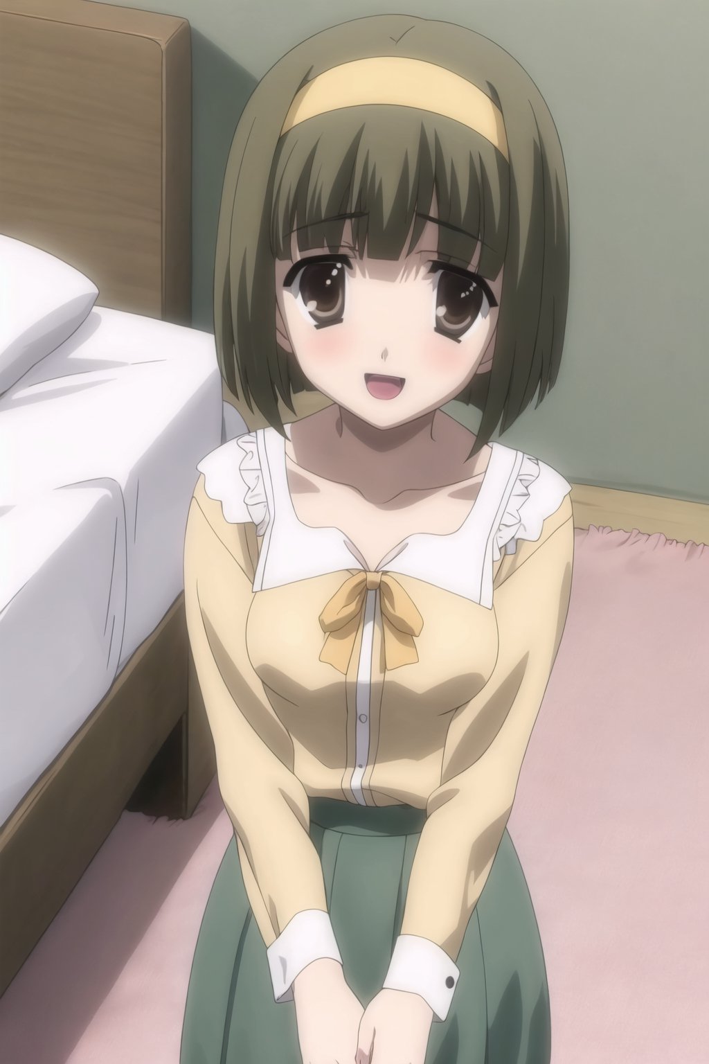  Simple backgrounds, bedroom, 
BREAK KazuhaNijouFutabaNijou, bangs, brown hair, brown eyes, small hair, 
BREAK  (yellow hairband), (green blouse:1.5), (neckline:1.2), long sleeves, yellow skirt, (medium breast), 
BREAK looking_at_viewer, lying in bed, :d,  mouth_open, Focus down, schooldays,