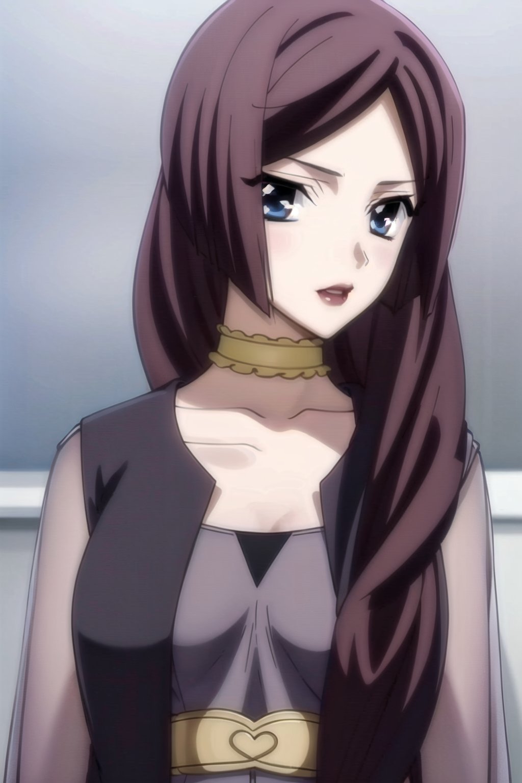 HD, 8k, highres, mantialiasing, Highly detailed, High Quality, masterpiece, beautiful, source_anime, 
BREAK 1girl, (solo:1.5), (mature woman), (30 old), Mrs Kitsuregawa, long hair, purple hair, blue eyes, choker, lipstick, gray sleeves, collarbone, dress, long sleeves, covered shoulders, purple vest, belt,
BREAK white background,
BREAK looking_back, standing, from front, upper body, side view, 