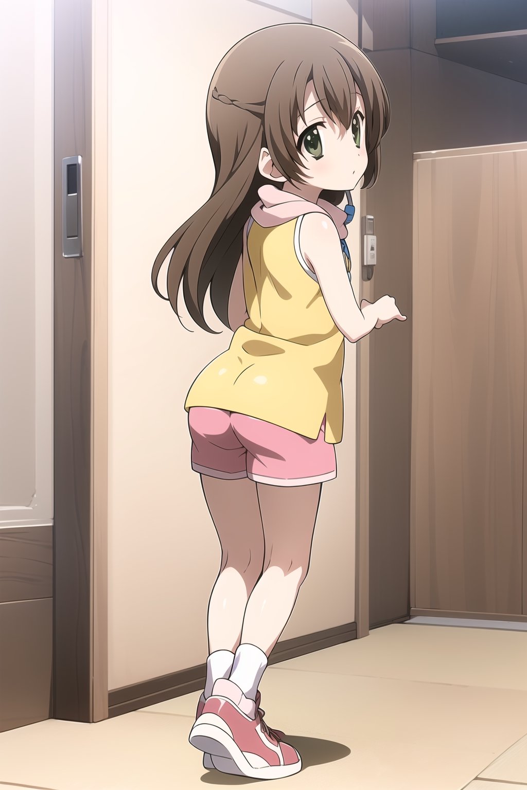 Highly detailed, High Quality, Masterpiece, beautiful,
BREAK 1girl, solo, (female child), (10 old), (Kyoumi Kasannoin:1.5), (green eyes, brown hair, long hair:1.5), 
BREAK  HikariDigi, (yellow shirt:1.3), (pink Shorts:1.2), shoes, sleeveless, socks, scarf, red footwear, sneakers, dog tags, whistle, whistle around neck,
BREAK looking_back, (Focus ass),  Open legs, lift ass, from_behind,