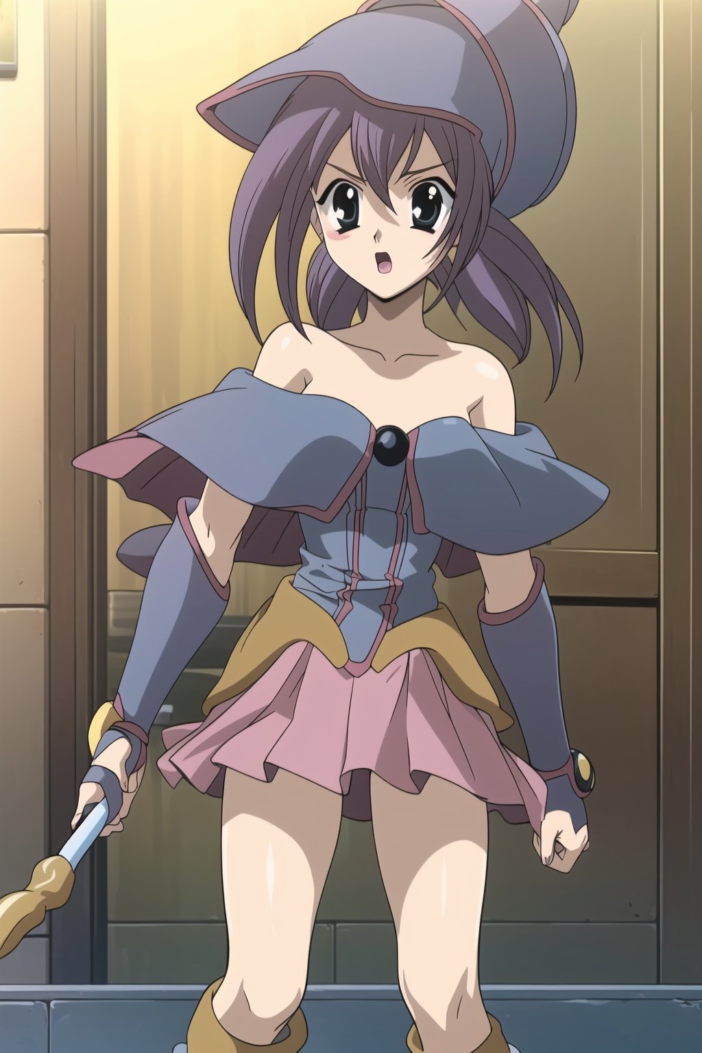 Highly detailed, High Quality, Masterpiece, beautiful,
BREAK 1girl, (female solo:1.5), roka kitsuregawa, (medium hair), (black eyes), twintails, (purple hair:1.5)
BREAK DMG, (off shoulder, wizard hat, gauntlets, skirt, boots, capelet, holding wand:1.5), 
BREAK (:o, open_mouth), standing, schooldays, 