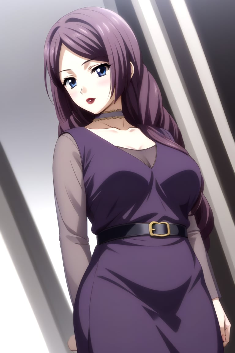 HD, 8k, highres, mantialiasing, Highly detailed, High Quality, masterpiece, beautiful, source_anime, 
BREAK 1girl, (solo:1.5), (mature woman), (30 old), Mrs Kitsuregawa, long hair, purple hair, blue eyes, 
BREAK choker, lipstick, gray sleeves, collarbone, dress, long sleeves, purple vest, belt, see-through, 
BREAK white background,
BREAK looking_back, standing, from front, full body, front view, Focus below,