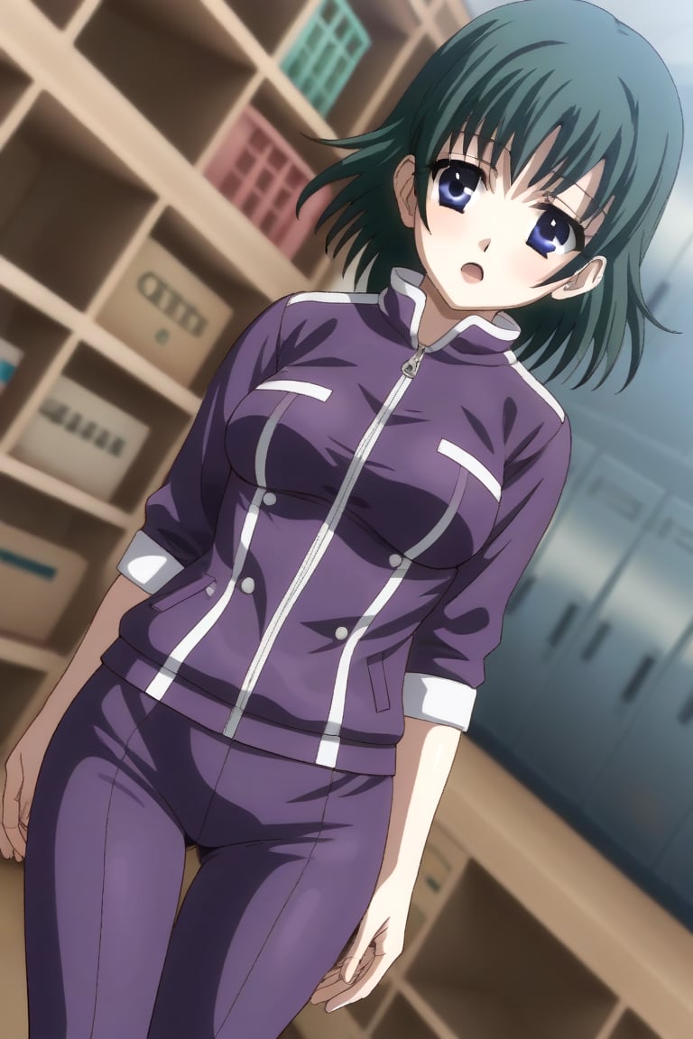 HD, 8k, highres, mantialiasing, Highly detailed, High Quality, masterpiece, beautiful, source_anime, 
BREAK 1girl, solo, (young woman, 16 years old), Ruka Imagawa, blue eyes, short hair, green hair, open_mouth, medium breasts, 
BREAK bedroom,
BREAK purple jacket, purple pants,
BREAK looking_at_viewer, focus breasts, dutch_angle, cowboy_shot, full_body,