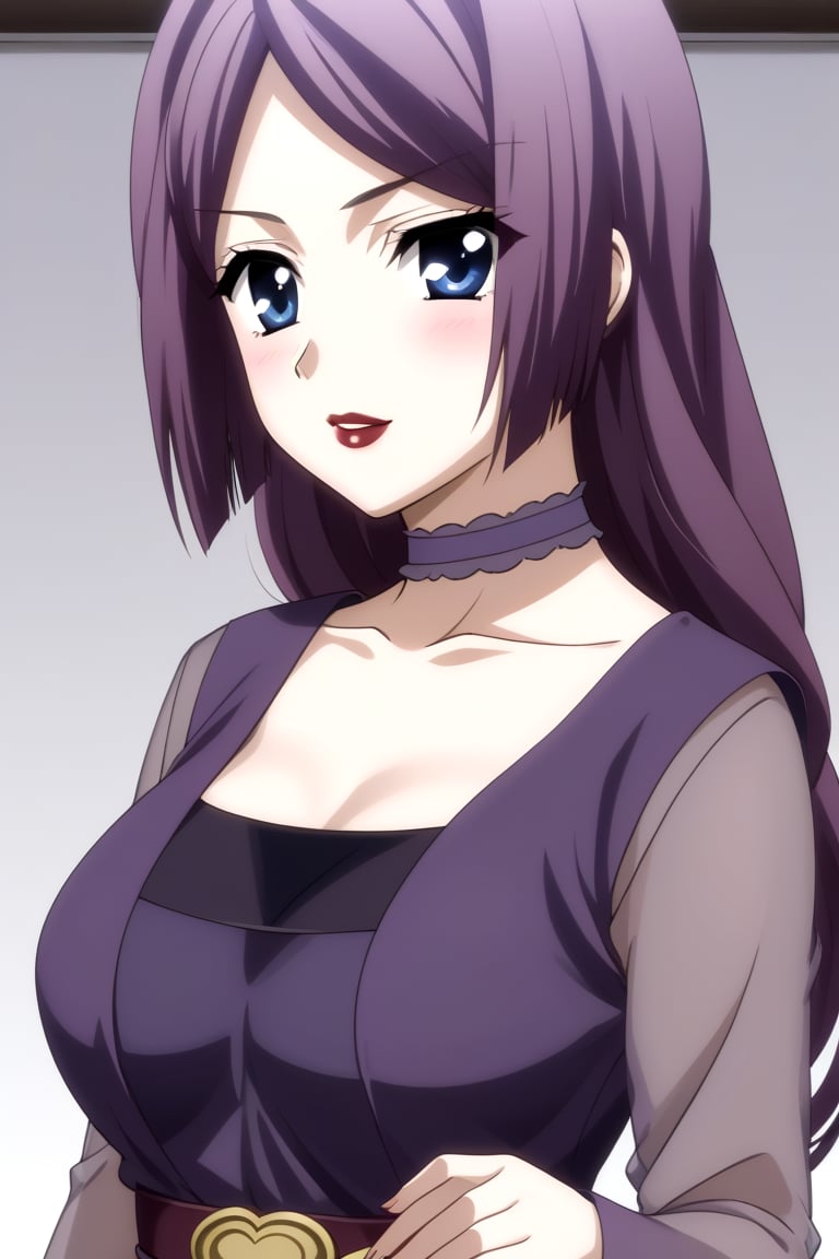 HD, 8k, highres, mantialiasing, Highly detailed, High Quality, masterpiece, beautiful, source_anime, 
BREAK 1girl, (solo:1.5), (mature woman), (30 old), Mrs Kitsuregawa, long hair, purple hair, blue eyes, 
BREAK choker, lipstick, gray sleeves, collarbone, dress, long sleeves, purple vest, belt, see-through, 
BREAK white background,
BREAK looking_back, standing, from front, upper body, front view, 