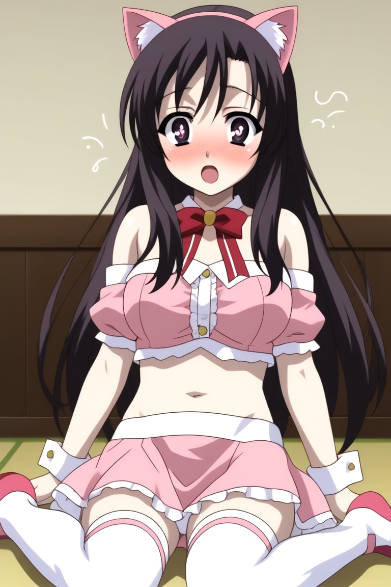 HD, 8k, highres, mantialiasing, Highly detailed, High Quality, masterpiece, beautiful, 1girl, solo, (feminine focus, young woman, 16 years old), kotonoha katsura, black eyes, black hair, long hair, :o, ahoge, open_mouth, Big breasts, ((surprise face, blush, drunk bubbles:1.2)), flushed cheeks, bright pupils, Uniform Radish, bare shoulders, pink skirt, thighhighs, bare_midriff, ((pink tube top:1.2)), pink cat ears, pink cat tail, navel, ((red ribbon on the midriff)), wrist_cuff, white_panties, looking_at_viewer, sitting, front_view, focus breasts, from_front, full_body,