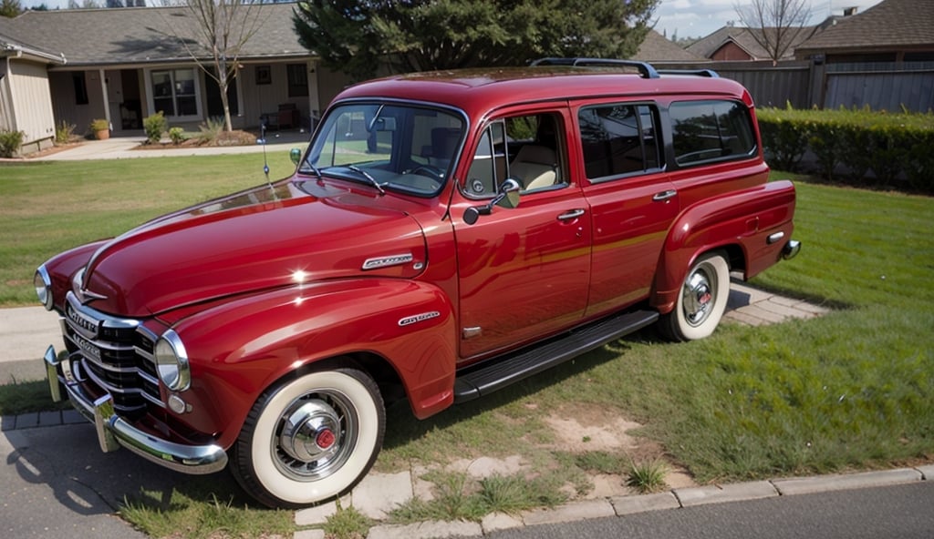 car, 1952 GMC suburban,grass, high detail, red,