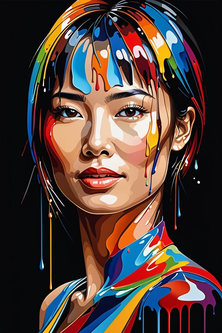 a woman head on black background, An abstract oil painting of the colorful, using vector art and drip art. Fine detail. Worthy of the most prestigious art gallery in the world. Only use five colors, colored background,WONG-CHANS-MARET - 2