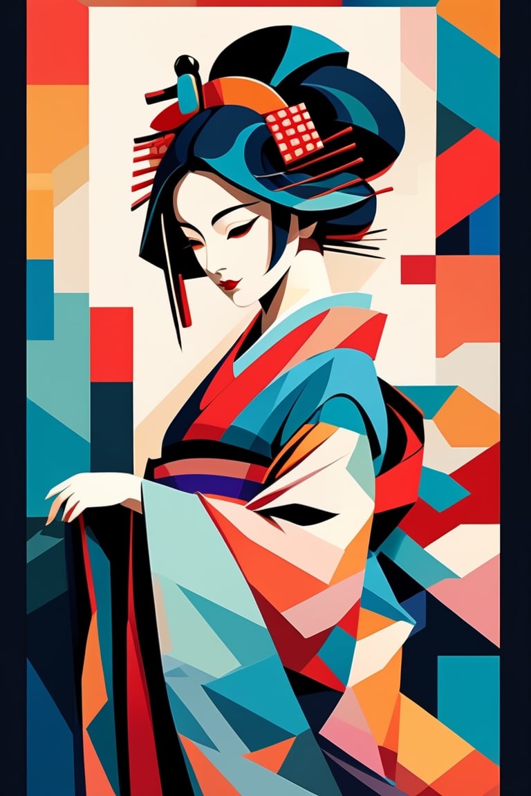 A minimalist design with a vintage touch, featuring a cool, stylish geisha silhouette in faded, awesome and bright colors. cubist painting, Neo-Cubism, layered overlapping geometry, art deco painting, Dribbble, geometric fauvism, layered geometric vector art, maximalism; V-Ray, Unreal Engine 5, angular oil painting, DeviantArt,ghibli