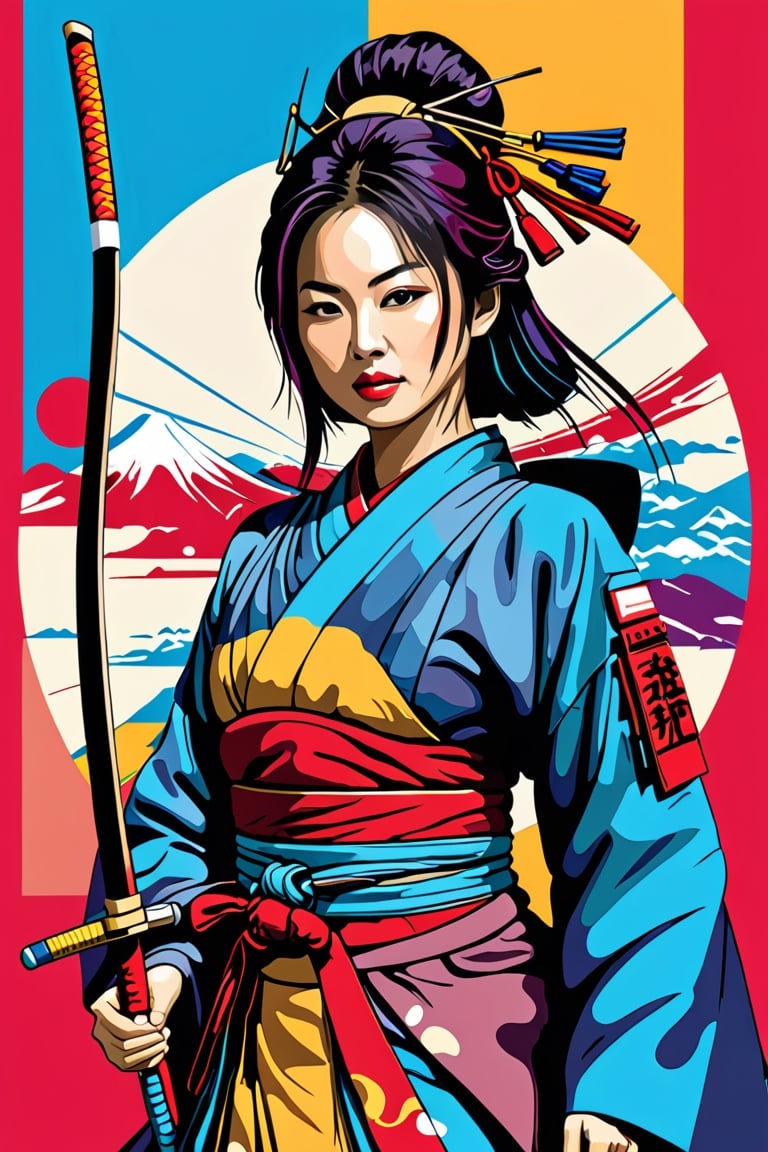 Japanese woman warrior, digital artwork, bold lines, vibrant, saturated colors,AiArtV,chan-wong