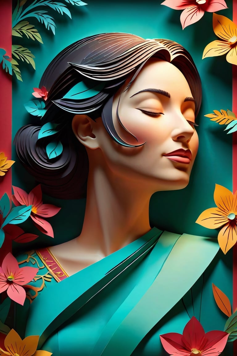 paper_cut,(illustration: 1.3), paper art, 3D rendering of, tosca background, (Beautiful side face, Closed eyes: 1.3), (flor branca: 1.2), Colorful, Best quality, Detailed details, Masterpiece, offcial art, movie light effect, 4K, Chiaroscuro, Flash,chans