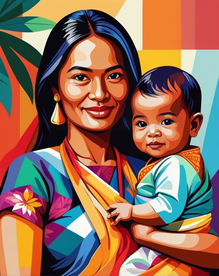 WPAP Style,a close up of A portrait of woman holding a baby in a sling in a kitchen, inspired by I Ketut Soki, batik, with a kid, with ivy, wearing traditional garb, special, barong family member, inspired by Mym Tuma,30 years old woman, by Benjamin Block. on a colorful background, vector art style, in style of digital illustration, extremely high quality artwork, vector artwork, high quality portrait, digital art illustration