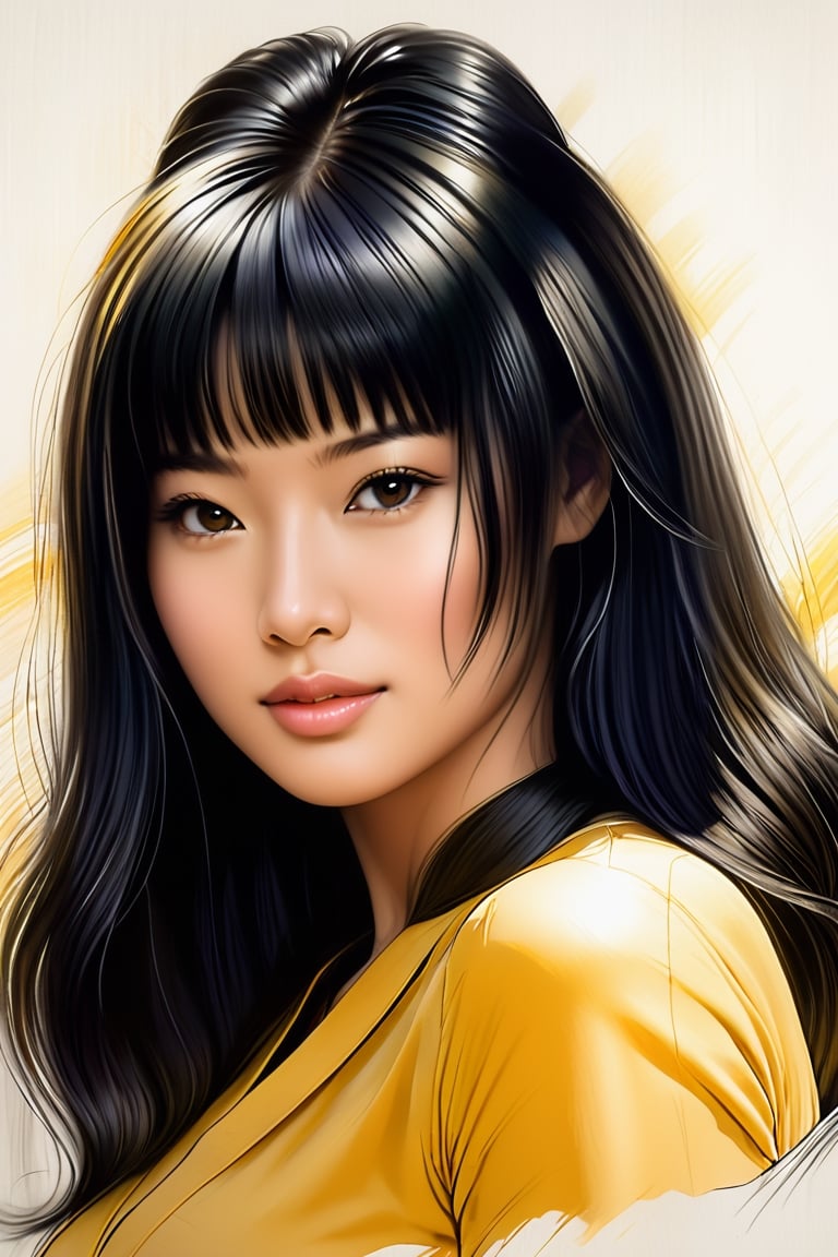 pencil Sketch of a beautiful young asian woman 30 years old, with black hair, ponny hair, alluring, portrait by Charles Miano, ink drawing, illustrative art, soft lighting, detailed, more Flowing rhythm, elegant, low contrast, add soft blur with thin line, full lips, black eyes, yellow clothes.,chan-wong,chans