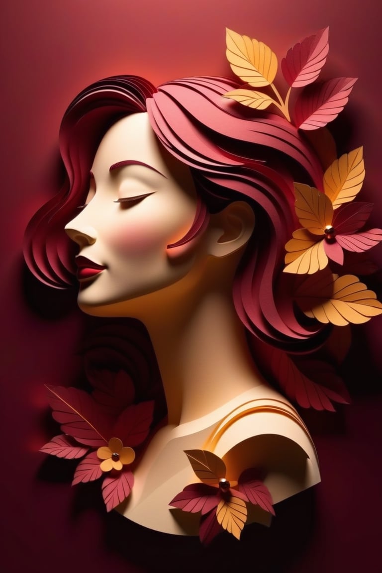 paper_cut,(illustration: 1.3), paper art, 3D rendering of, maroon background, (Beautiful side face, Closed eyes: 1.3), (flor branca: 1.2), Colorful, Best quality, Detailed details, Masterpiece, offcial art, movie light effect, 4K, Chiaroscuro, Flash,chans