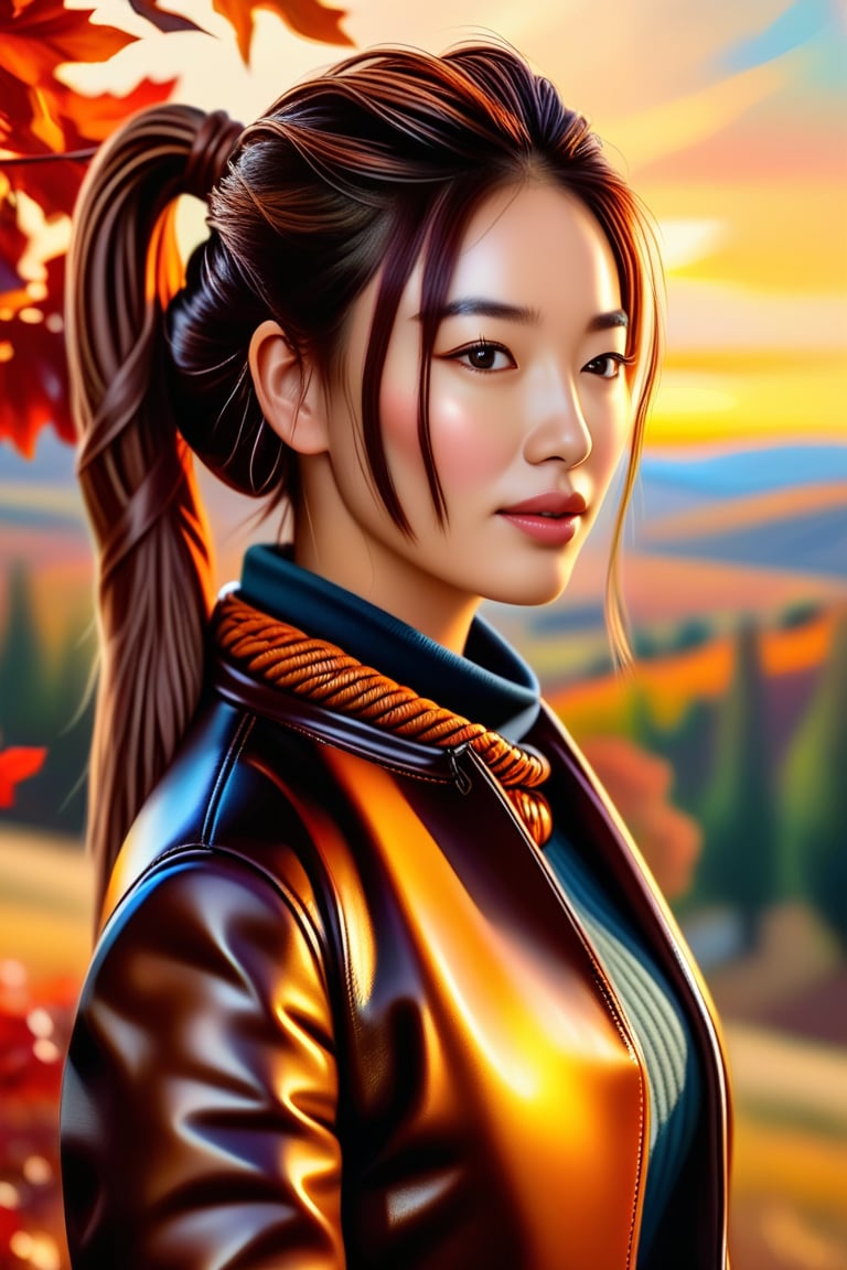 Confident woman, lamb skin outfit, creased, shiny, thin, accessorized with tight shiny gloves, brown leather hobo bag, large, texture prominent, long braided ponytail, gazing at sunset, autumn landscape backdrop, vivid foliage, warm golden hour light, digital painting, ultra realistic, dramatic lighting.,chan-wong