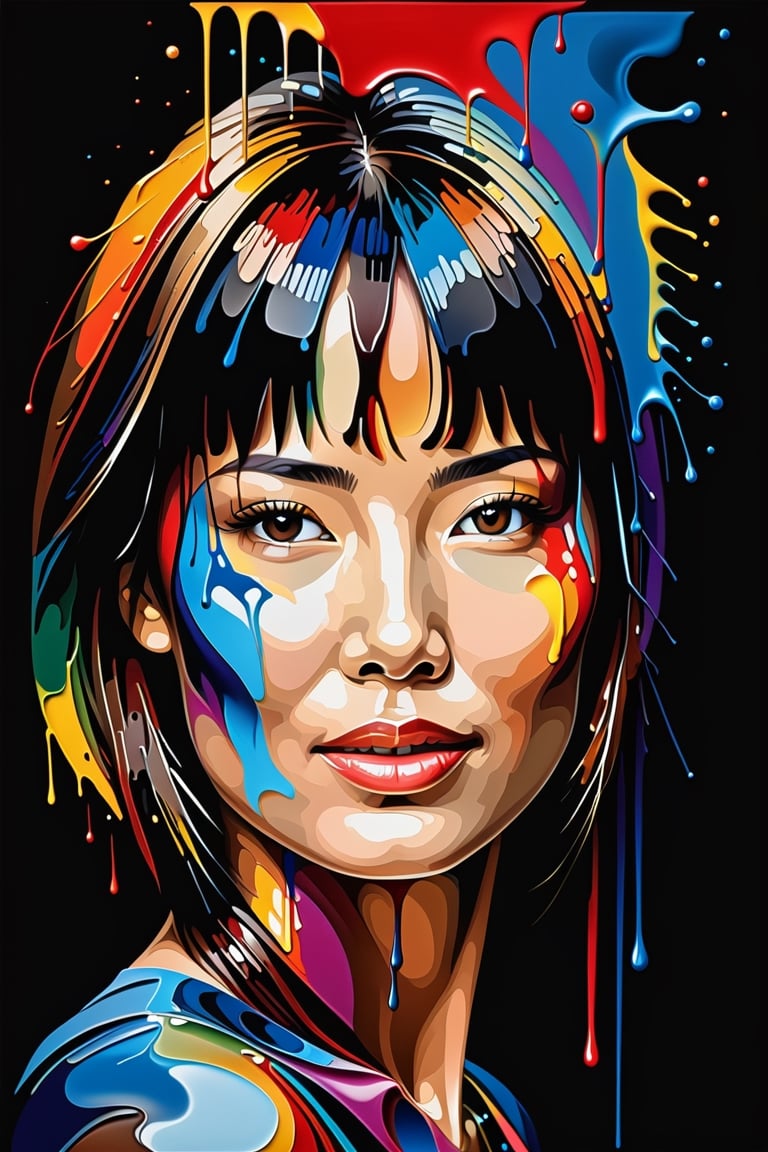 a woman head on black background, An abstract oil painting of the colorful, using vector art and drip art. Fine detail. Worthy of the most prestigious art gallery in the world. Only use five colors, colored background,WONG-CHANS-MARET - 2