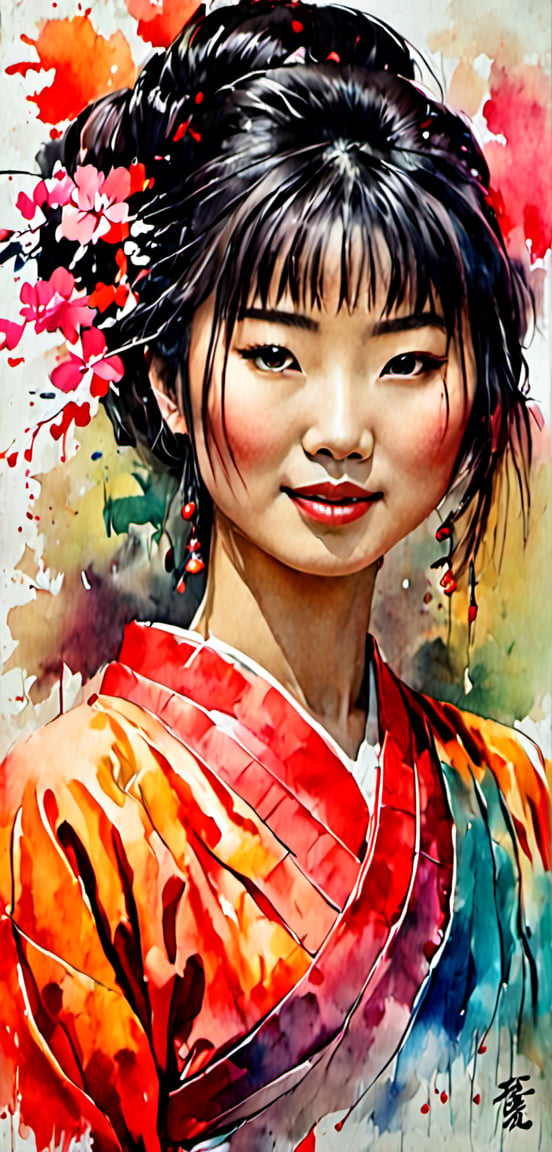 painting of a japanese woman , fawless makeup, medium shot, artistic , artist model , a charcoal drawing by William Twigg-Smith, CGSetnation, arte figurativa, water colour, colourful drawing, dynamic pose, fully body, Watercolor and Paint Hyperrealistic, splash art, concept art, mid shot, intricately detailed, color depth, dramatic, 2/3 face angle, side light, colorful background,wong-chans,style,ink 