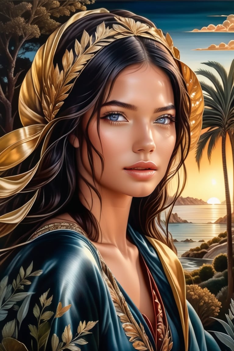 Nature at sunset, the Venus, spiritual, surreal, trees, Paradise Lost, Adriana Lima's face,  Sandro Botticelli, great landscape, fine art, tanned skin, brown eyes, black hair, highly detailed, smooth, very sharp focus,  renaissance style, illustration, bathing in light,  etching, ultra realistic illustration, close-up rendering, , Mysterious, Mysterious,chan-wong