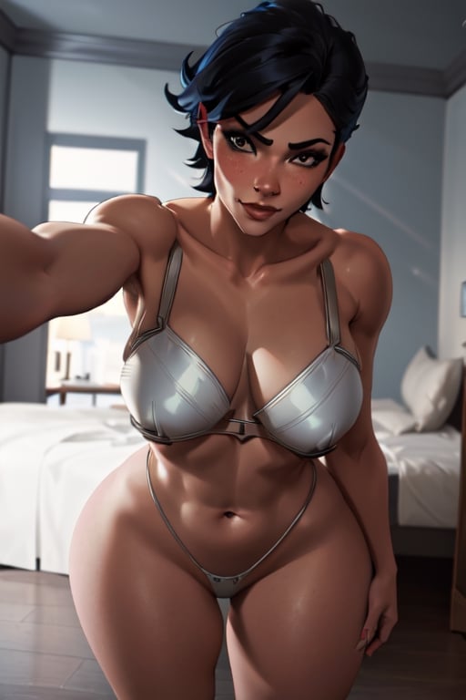 vayneSoL, underwear, white bra, white thong, thick thighs, voluptuous and muscular body, navel, breasts, smile, frown, blush, looking_at_viewer, (masterpiece:1.2), (best quality), (ultra detailed), (8k, 4k, intricate), (highly detailed:1.2), (detailed face:1.2), (detailed background), bedroom of a luxurious mansion illuminated by chandeliers, night, arcane style, 1girl solo, kabedon pov