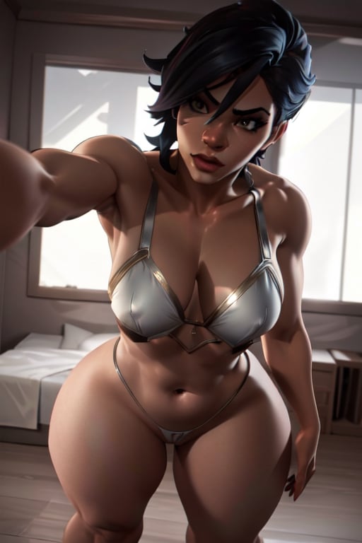 vayneSoL, underwear, white bra, white thong, thick thighs, voluptuous and muscular body, navel, breasts, (masterpiece:1.2), (best quality), (ultra detailed), (8k, 4k, intricate), (highly detailed:1.2), (detailed face:1.2), (detailed background), bed, arcane style, 1girl solo, kabedon pov