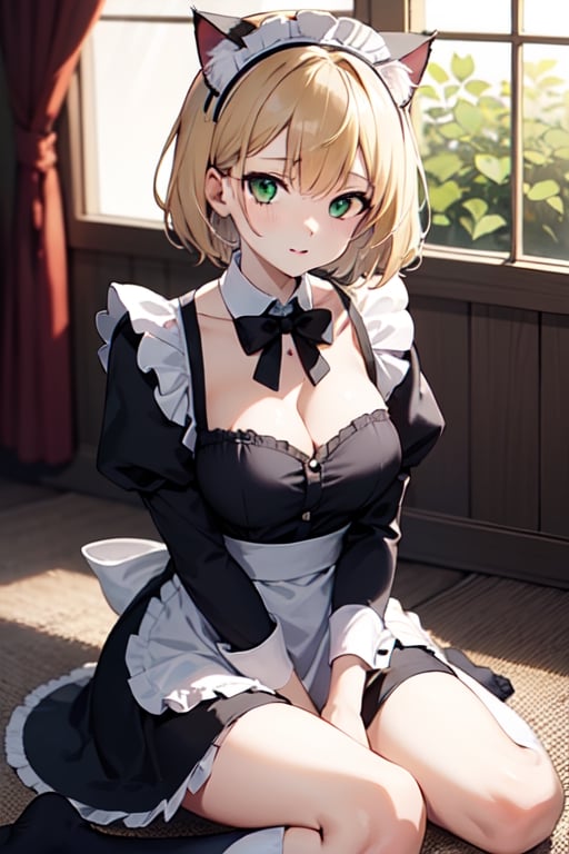 Maid_uniform, short_hair, strawberry_blond_hair, modest_breast, long socks, green_eyes, cat_girl