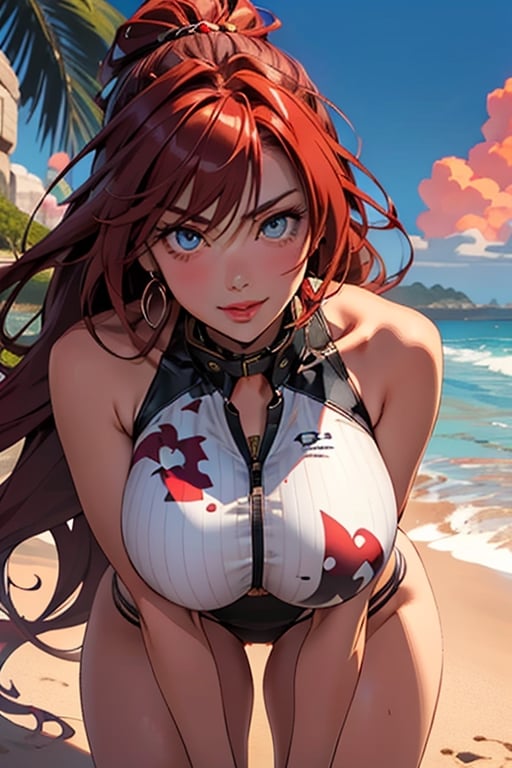 Highschool_DXD, Rias_Gremory, 1girls, very_long_hair, long_socks, (huge breast 1.2), high_resolution, beach, whiteswimsuit, flush_face, nsfw, beautiful_eyes, detailed_background, high_quailty, complex_face, collar, smile, blue_eyes, good_eyes, red_hair, show_full_face, detailed_face, show_both_eyes