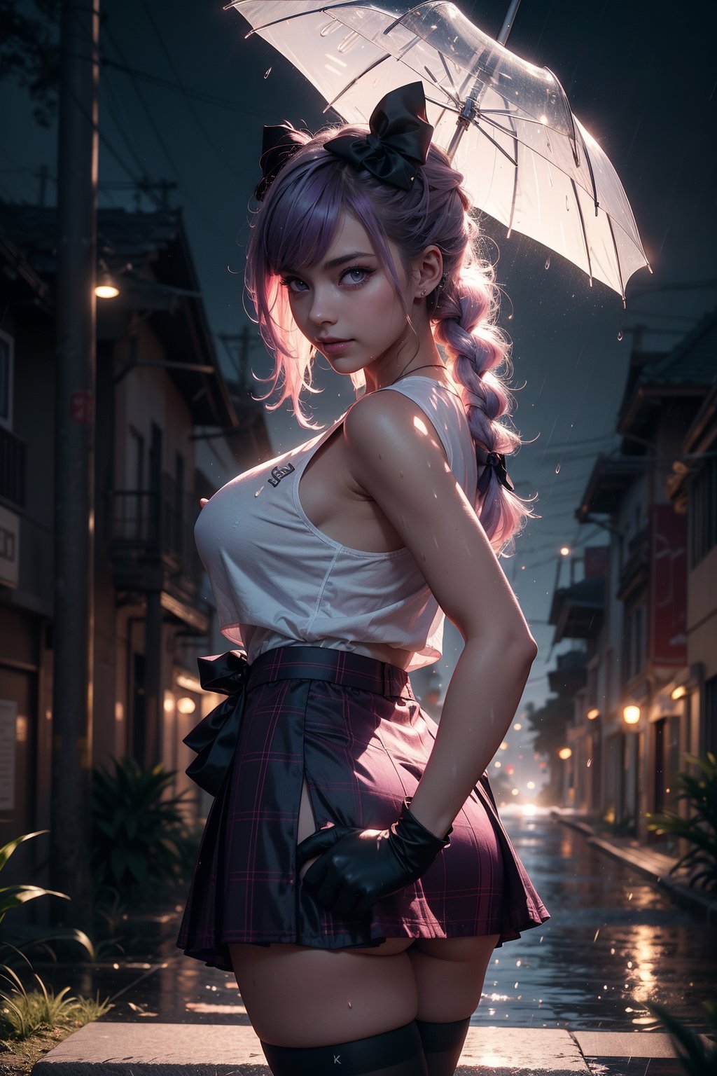 1girl, solo, breasts, white, white gloves, Reflective transparent stockings, upskirt, mini skirt, light blue thighhighs, long hair,light particles, pov 1girl, poyo, large breasts, purple eyes, light purple hair, very long hair, bangs, twin braids, braid, hair bow, hair ornament, dramatic lighting, bokeh, volumetric lighting, double exposure, cute face, beautiful face, detailed face, upper body, (perfect face:1.3), outdoors, mascara, big round eyes, (laughing:1.1), gym uniform, (buruma:1.2), (hand on own hip, leaning back, standing, from front:1.1),full-body_portrait, highest quality, extremely detailed, 4k, 8k, amazing quality, masterpiece, heavy rain, 1girl, Seraphine, pink-purple hair, big breasts, cute face, wearing plaid skirt and white tank top, wet, wet hair, wet clothes, panties visible, nipples seen through wet shirt, trying to cover herself, holding an umbrella, looking at viewer, dynamic pose, raining, town square background, viewed from the back g0thicPXL, concept art, realistic, k/da \(league of legends\(masterpiece, top quality, best quality, official art, beautiful and aesthetic:1.2),(1girl:1.2),arms up,purple Chinese dress,(fractal art:1.2),big clock,Cowboy shot,Cinematic lighting creates a serene yet mysterious atmosphere, with soft shadows and highlights reflecting the glowing cosmic landscape. This captivating scene evokes a sense of wonder, exploration, and the infinite beauty of the universe., cinematic, photo
Show less,more light