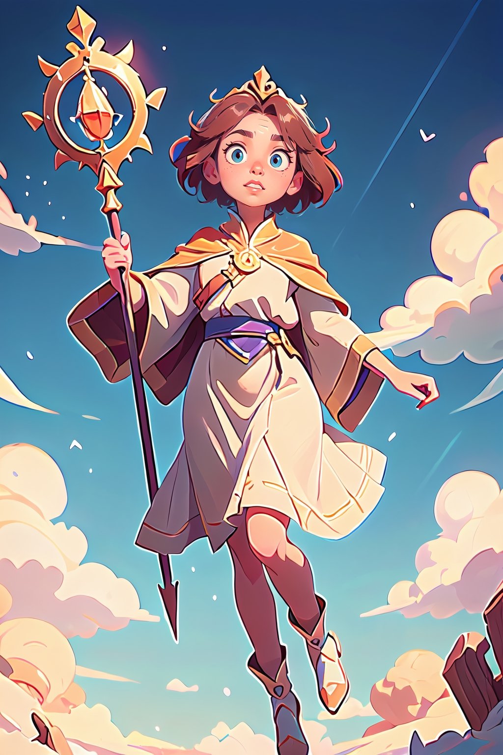 1girl, full body,((masterpiece, top quality, 8K)), detailed skin texture, detailed cloth texture, beautiful detailed face, Goddess with a staff, floating in the air、big  eyes, blue eyes, perfect eyes,celestial robes,（smile face）, warm lighting,blue sky and light background