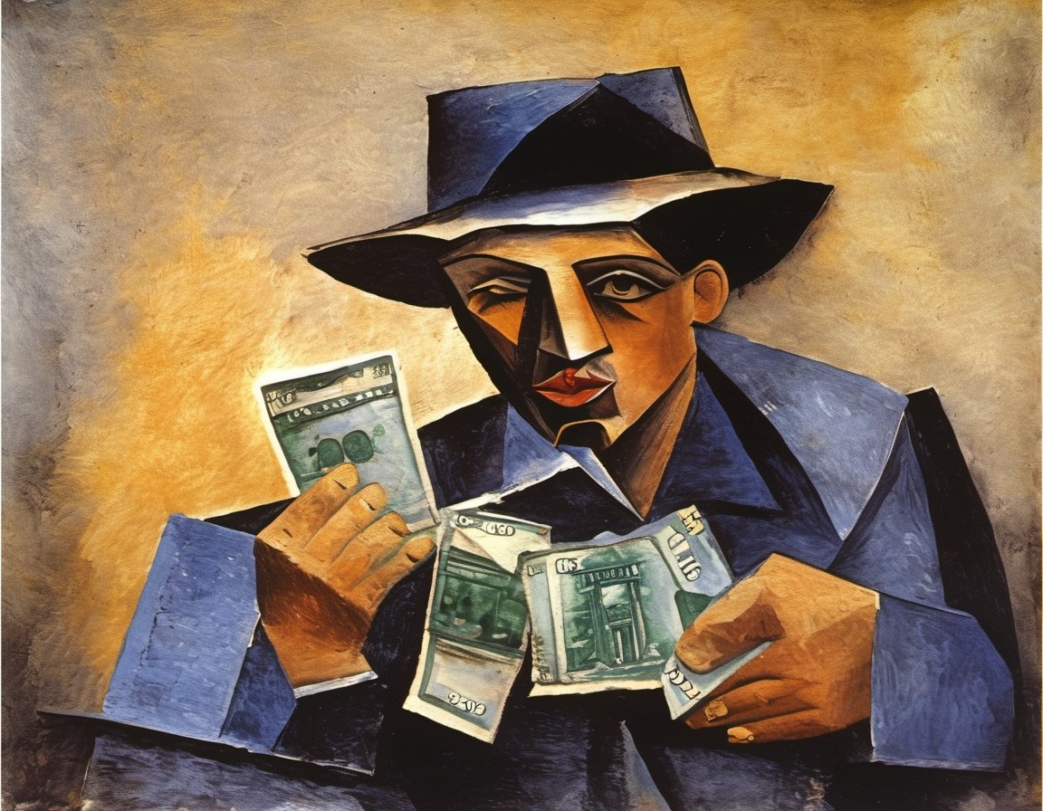 p1c4ss0, water color portrait cubism painting of an american rapper grabbing money, 2000 Marie-ThВrКse Walter au chapeau style,HellAI,v0ng44g