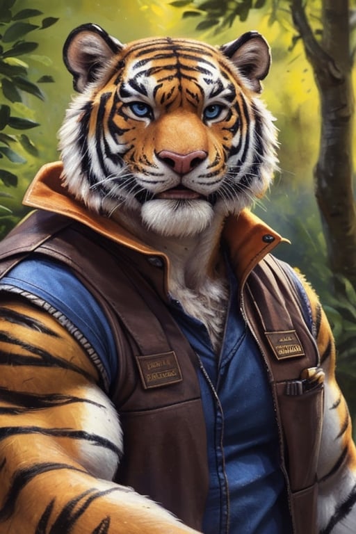 Solo, anthro, male, muscular tiger, (orange fur:1.2), mature male, musclegut, (golden X mark on forehead:1.3), (pink nose), blue eyes, facial hair, whiskers, (tiger tail) ,detailed eyes, detailed clothing, furry chest,red open orange safety vest, brown shirt,big belt, blue jeans, brown work boots,(by bruteandbrawn, by personalami, by kenket), (intricate, high detail, film photography, soft focus, RAW candid cinema, photorealism, realistic, photorealistic, analog style, subsurface scattering, masterpiece, best quality, ultra realistic, 8k)
