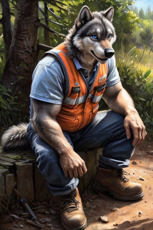 Solo, anthro, male, stocky wolf, (gray fur:1.2), mature male, musclegut, (black nose), blue eyes, facial hair, whiskers, (wolf tail) ,detailed eyes, detailed clothing, yellow safety vest, dark gray open plaid shirt, blue wrangler pants, work boots,(by kenket), (intricate, high detail, film photography, soft focus, RAW candid cinema, photorealism, realistic, photorealistic, analog style, subsurface scattering, masterpiece, best quality, ultra realistic, 8k)
