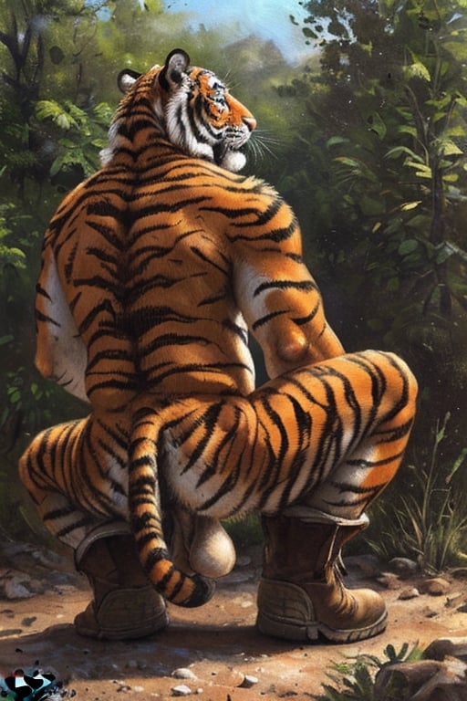 Solo,  anthro,  male,  stocky tiger,  (orange fur:1.2),  mature male,  (pink nose),  blue eyes,  facial hair,  whiskers,  (tiger tail) , detailed eyes,  detailed clothing,  squatting,  spreading buttocks,  pooping,  shitting,  feces,  feces_in_anus,  ((work boots)),  animal sheath and balls,  back_to_camera,  (by blotch, by blackteagan,  by kenket),  (intricate,  high detail,  film photography,  soft focus,  RAW candid cinema,  photorealism,  realistic,  photorealistic,  analog style,  subsurface scattering,  masterpiece,  best quality,  ultra realistic,  8k)
