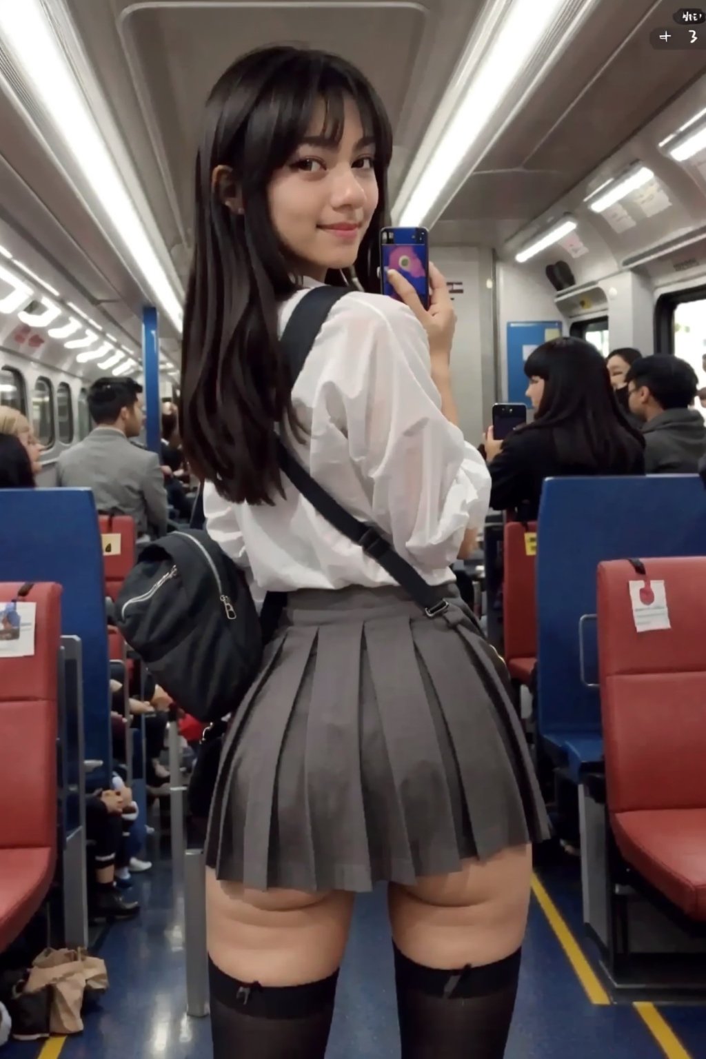 1girl, Anny, ass, solo, thighhighs, phone, grey skirt, looking at viewer, bag, looking back, skirt, backpack, black hair, cellphone, jacket, train interior, skirt lift, from behind, holding phone, long hair, clothes lift, smartphone, holding, bangs, no panties, parted lips, school uniform,cameltoe,,Anime,More Detail,Masterpiece,Anny